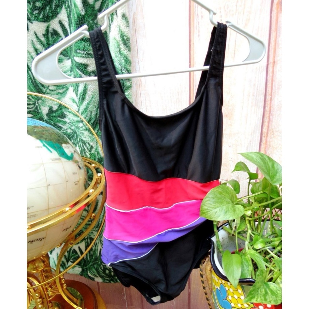 Vintage Black and Multicolor One Piece Swimsuit